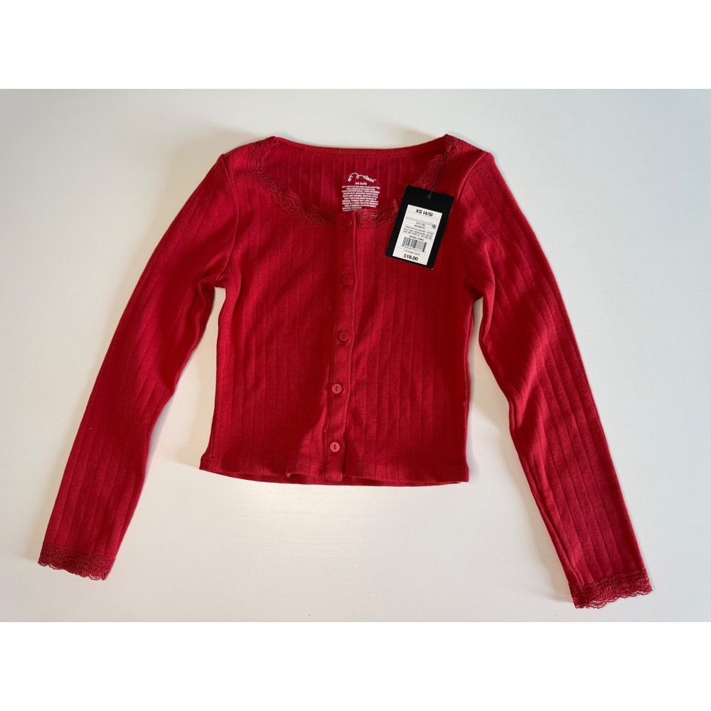 Art Class Girls Red Ribbed Long Sleeve Cardigan Lace Trim Top XS 4/5 NWT